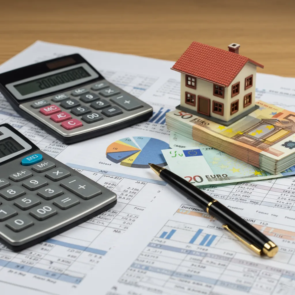 Bureau d'expert-comptable avec calculs de plus-value immobilière, billets en euros et maquette de bien immobilier illustrant l'impact fiscal de la réintégration des amortissements LMNP