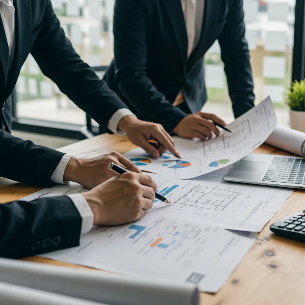Deux investisseurs immobiliers examinant des documents de stratégie LMNP, illustrant les avantages maintenus et les exceptions de la réforme fiscale 2025