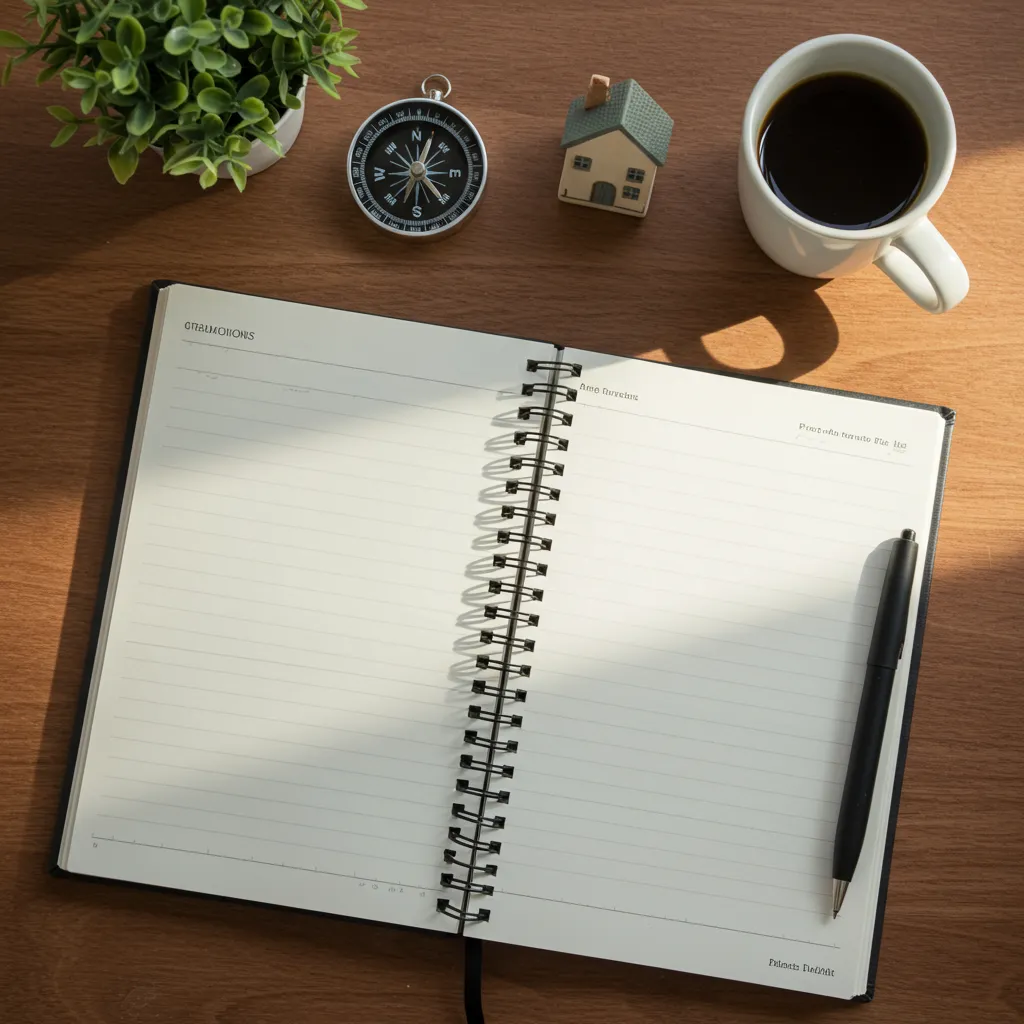 Vue de dessus d'un bureau avec carnet de planification, boussole et figurine de maison symbolisant l'adaptation de la stratégie LMNP face à la réforme fiscale 2026