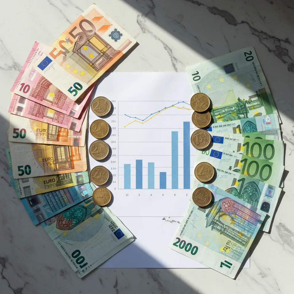 Comparaison des rendements entre SCPI et immobilier locatif direct en 2026 : billets et pièces en euros disposés en deux groupes symétriques
