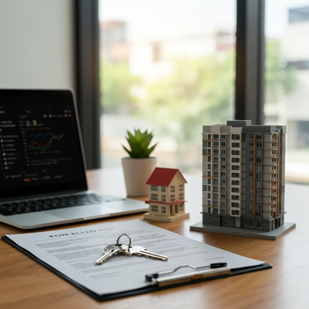Gestion locative et risques immobiliers : bureau d'un gestionnaire avec clés d'appartement, modèle architectural et tableau de bord de portefeuille