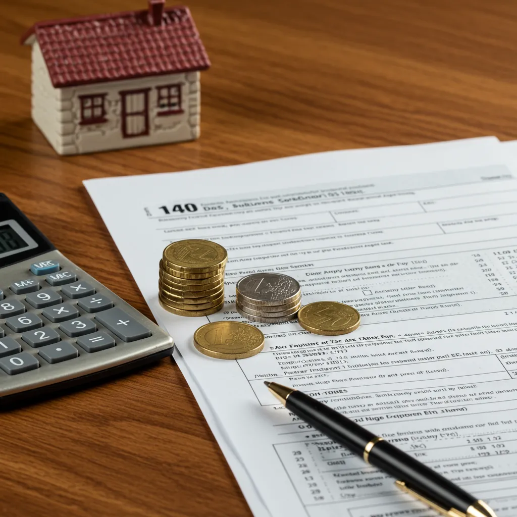 Fiscalité immobilière en 2026 : documents de déclaration fiscale, calculatrice et pièces en euros sur un bureau en bois