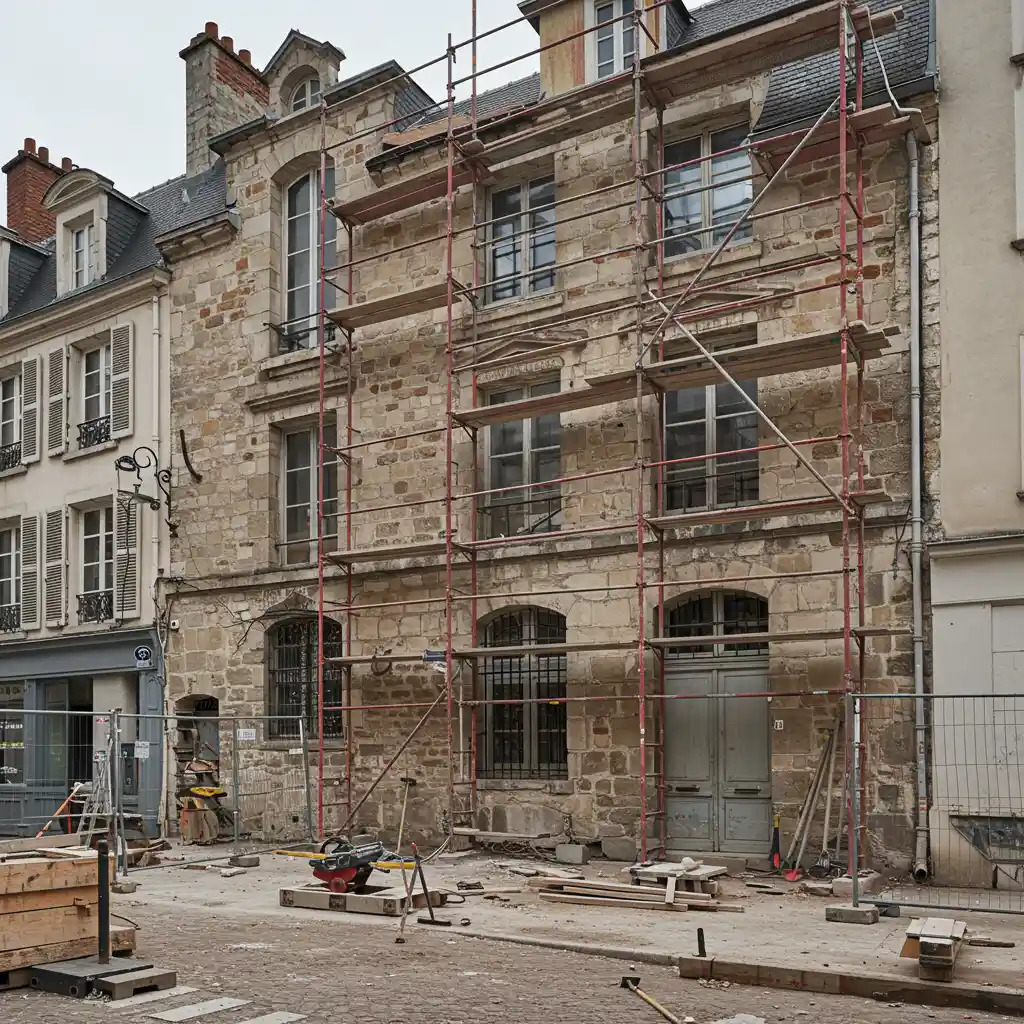 Immeuble ancien en cours de rénovation dans un centre-ville français, illustrant le dispositif Denormandie pour l'investissement locatif dans l'ancien