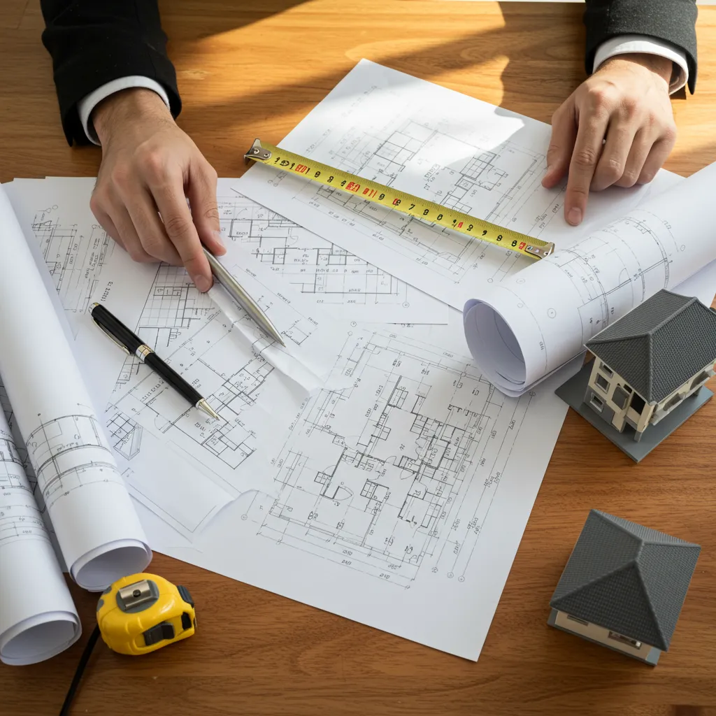 Plans de rénovation immobilière et documents d'investissement vus de dessus, illustrant les conditions d'éligibilité au dispositif Denormandie