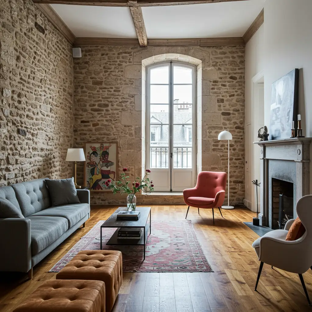 Intérieur d'un appartement ancien rénové avec murs en pierre et mobilier moderne, illustrant le résultat d'un investissement locatif Denormandie réussi