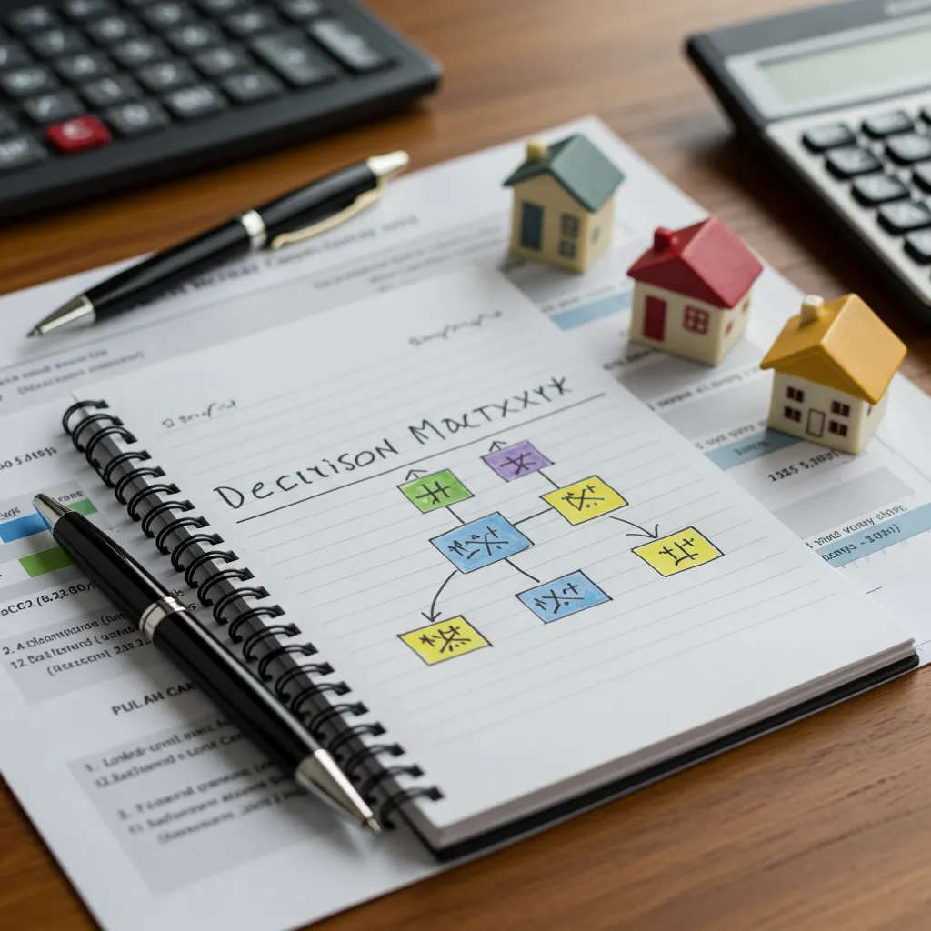 Bureau d'un conseiller en investissement immobilier avec outils de comparaison de dispositifs fiscaux, illustrant le choix entre Denormandie, déficit foncier et Malraux