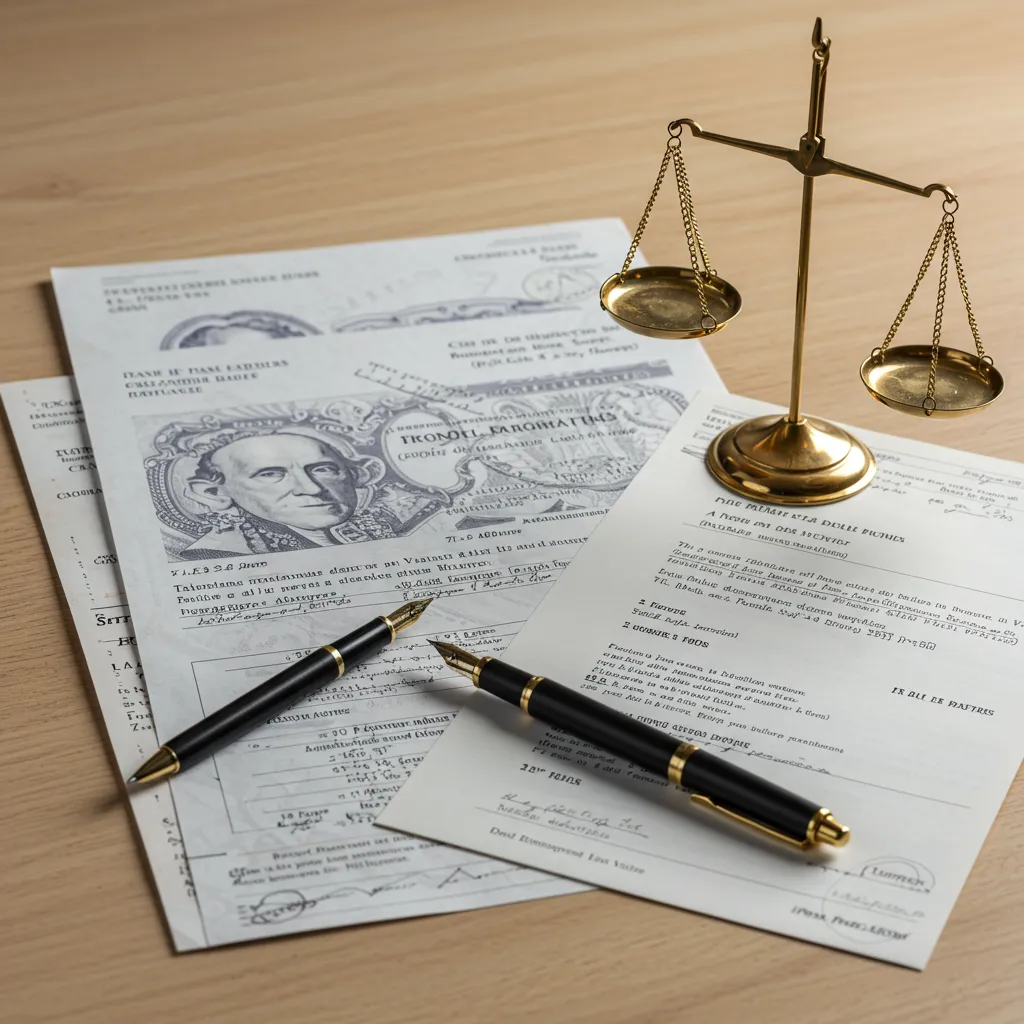 Documents administratifs et balance symbolisant les avantages fiscaux de la nue-propriété