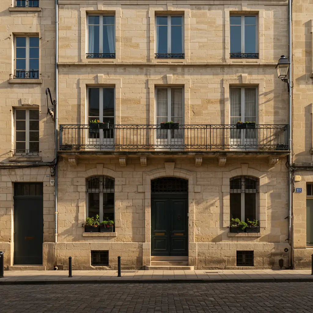 Façade en pierre de taille d'un hôtel particulier de luxe rénové dans le quartier des Chartrons à Bordeaux, symbole du potentiel de plus-value immobilière en 2026