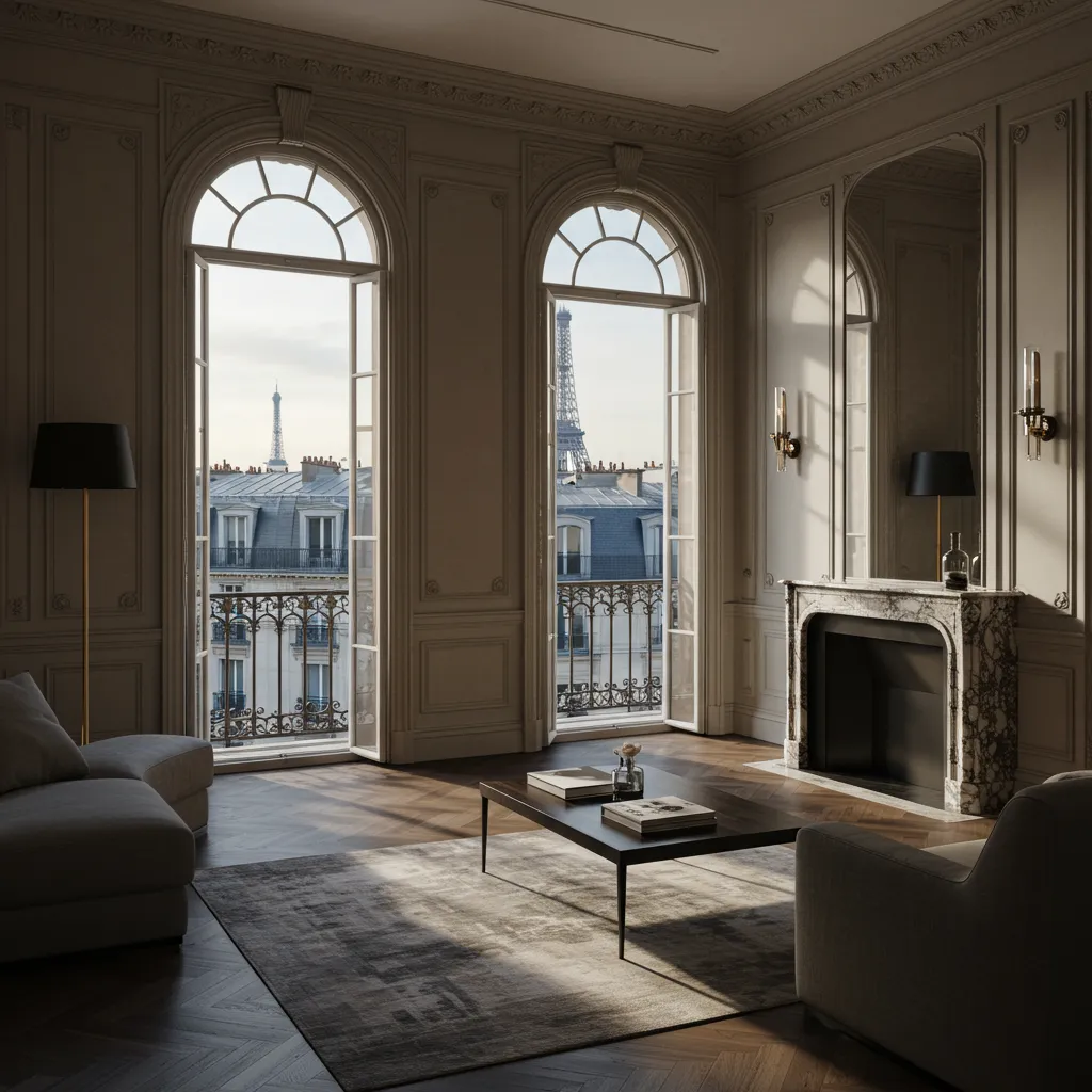 Salon d'un pied-à-terre de luxe parisien avec cheminée en marbre et vue sur les toits haussmanniens, illustrant le prestige et la fiscalité de l'immobilier parisien haut de gamme