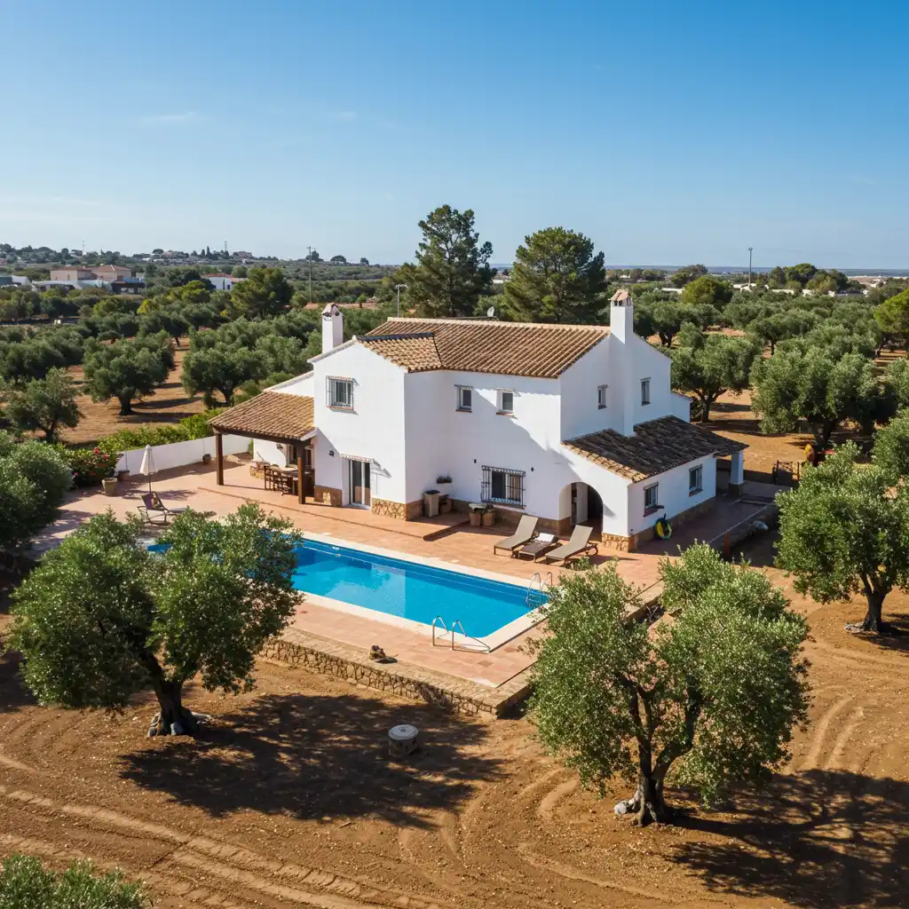 Villa méditerranéenne en Espagne avec piscine et oliviers symbolisant l'investissement immobilier espagnol