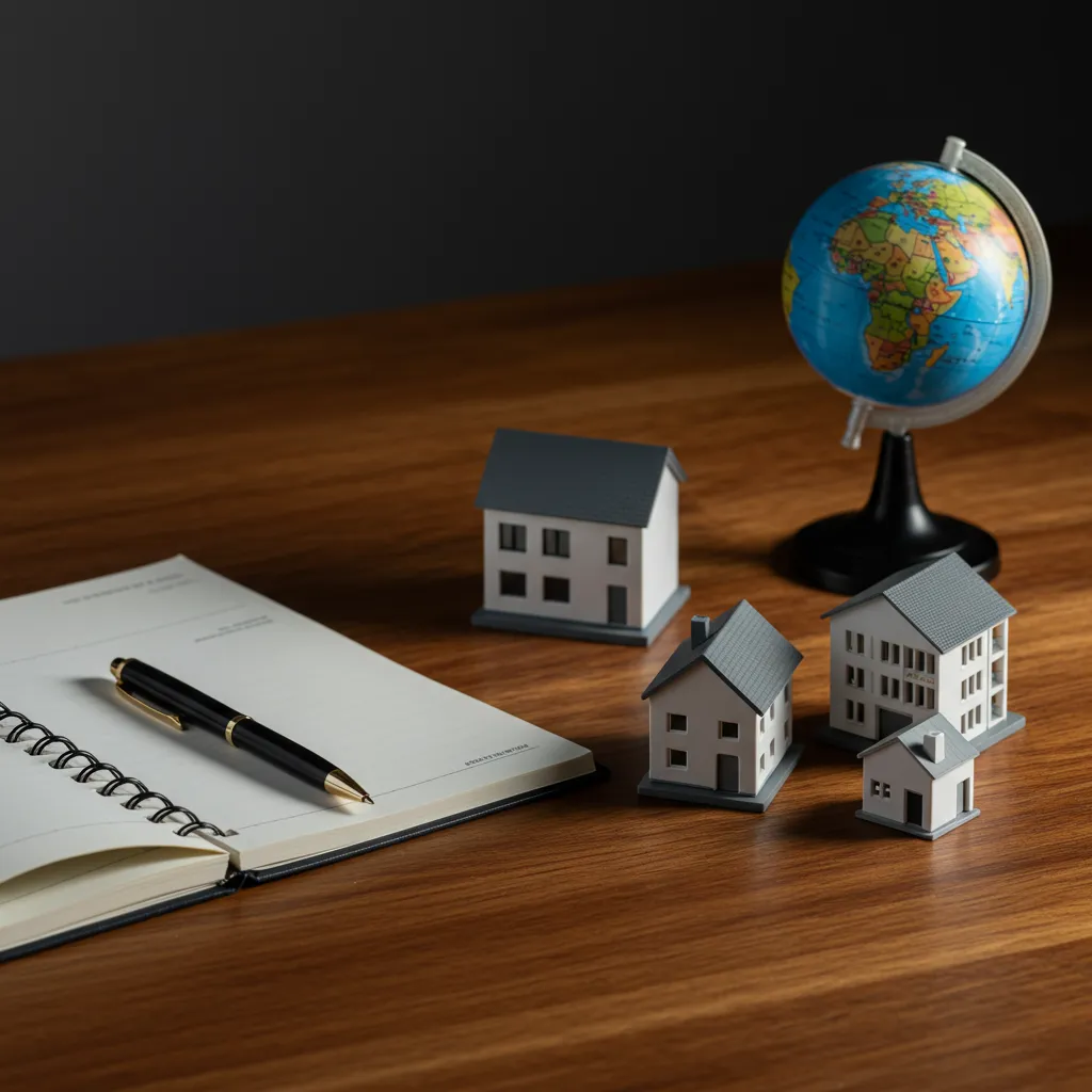 Bureau d'investisseur avec globe et maquettes de maisons illustrant la planification d'un achat immobilier à l'étranger