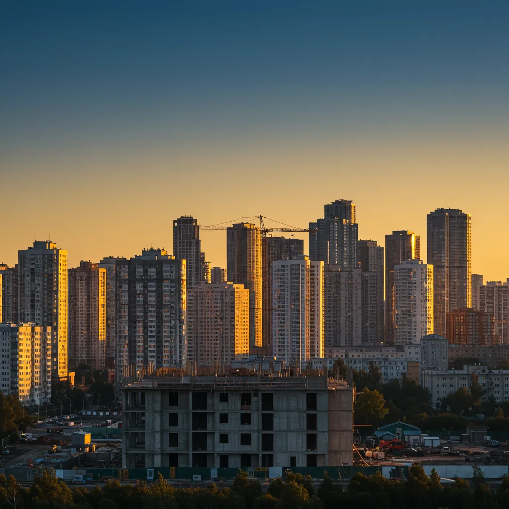 Horizon urbain mêlant immeubles achevés et chantier inachevé, illustrant l'avenir incertain du crowdfunding immobilier