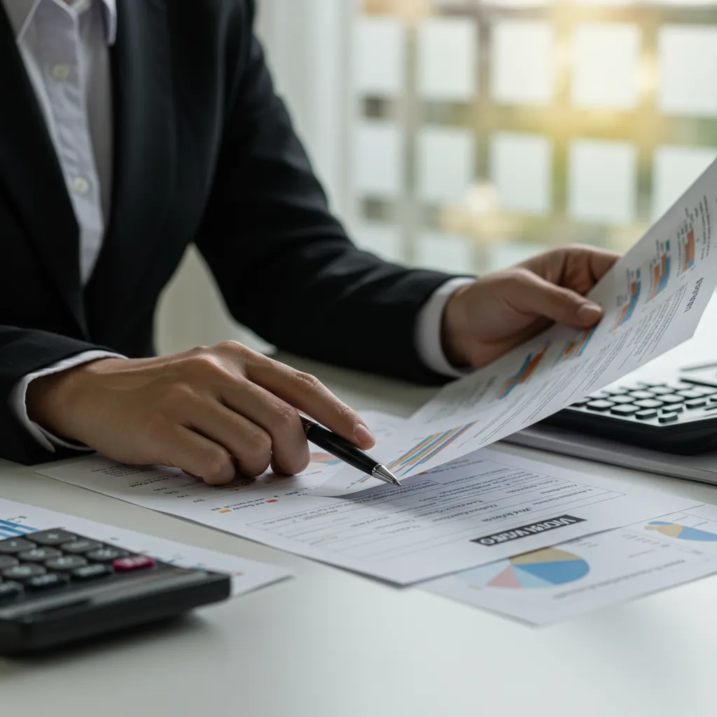 Conseiller financier analysant des documents fiscaux et des graphiques de rendement liés à la fiscalité de l'assurance-vie