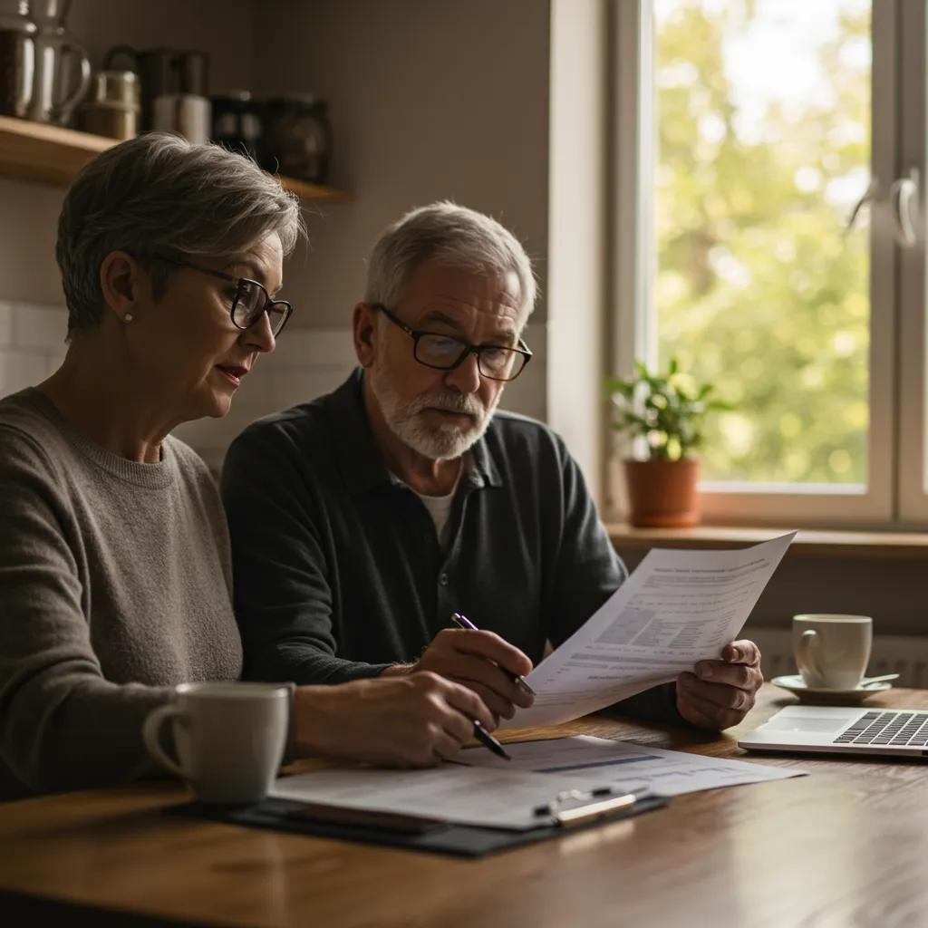 Couple passant en revue leur stratégie d'épargne retraite, illustrant les cas pratiques de choix entre PER et assurance-vie