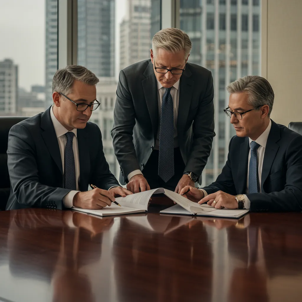 Conseillers patrimoniaux et clients discutant d'une stratégie d'investissement dans un cabinet de gestion de patrimoine