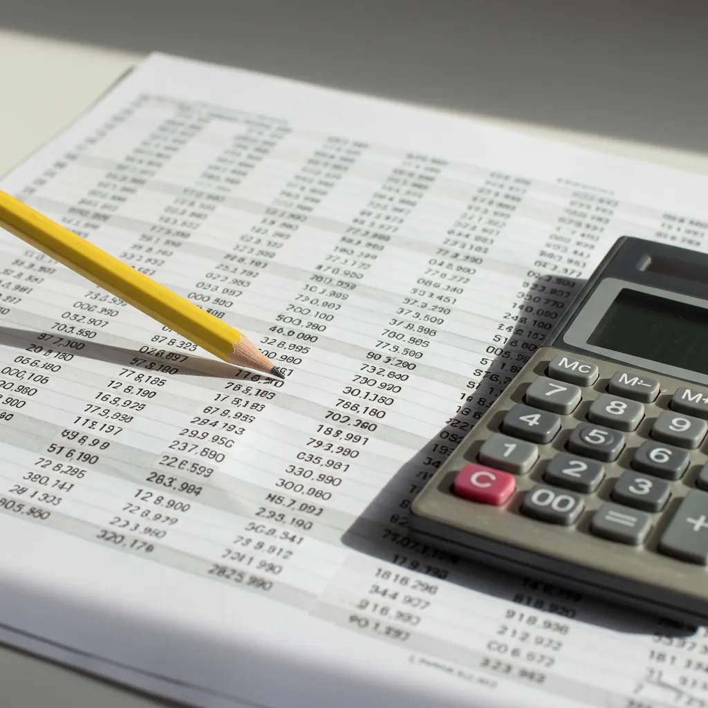 Vue de dessus d'un tableau de données financières avec calculatrice illustrant les taux d'imposition selon l'ancienneté d'un contrat d'assurance-vie