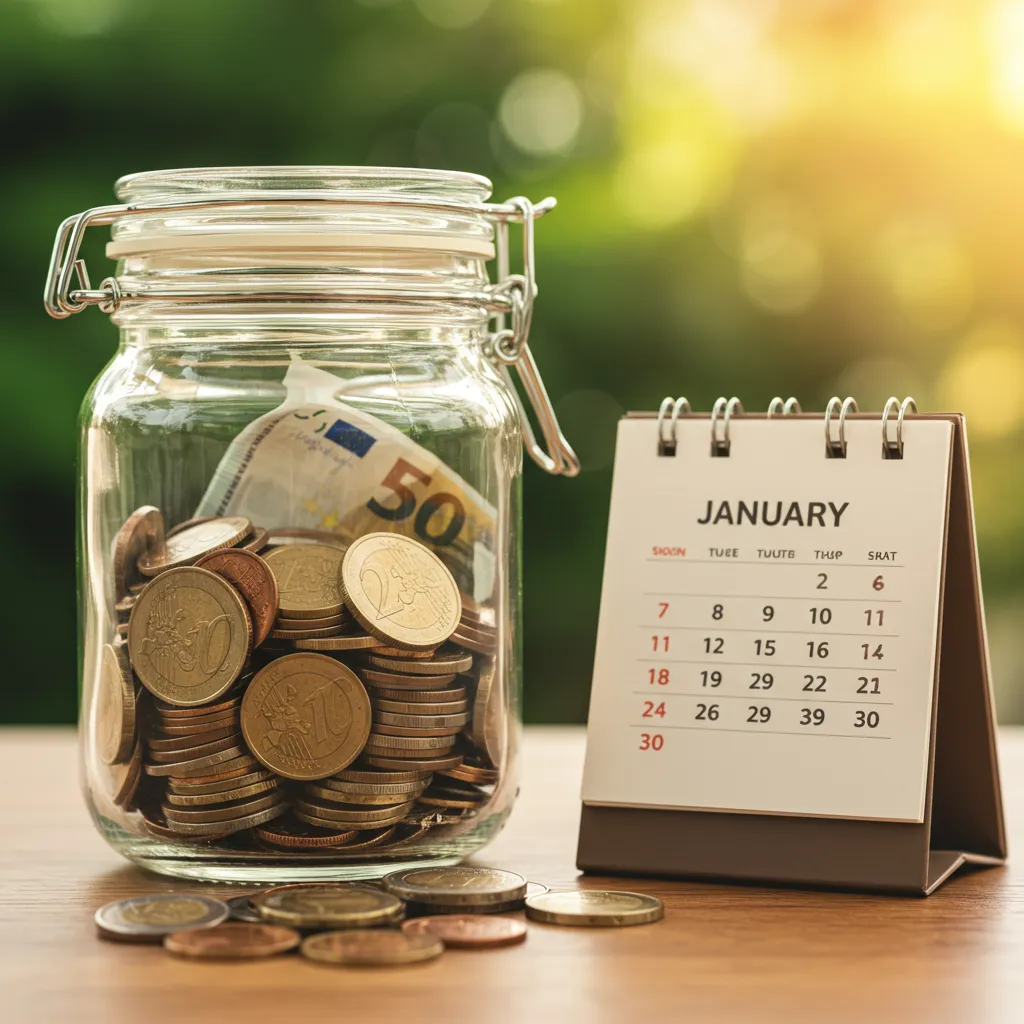 Bocal de pièces et billets d'euros posé près d'un calendrier symbolisant l'abattement fiscal annuel renouvelable après 8 ans sur un contrat d'assurance-vie
