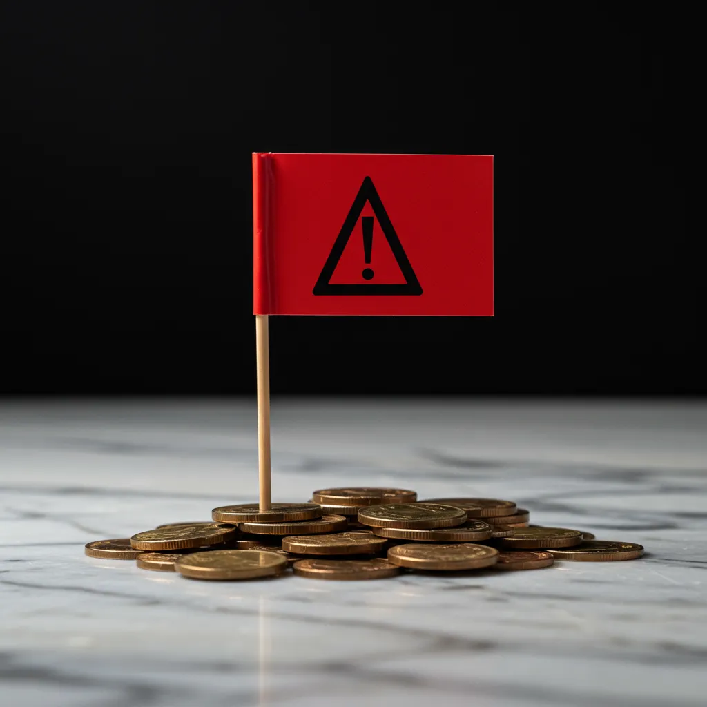 Drapeau rouge planté sur des pièces de monnaie illustrant les pièges fiscaux à éviter lors d'un rachat partiel d'assurance-vie