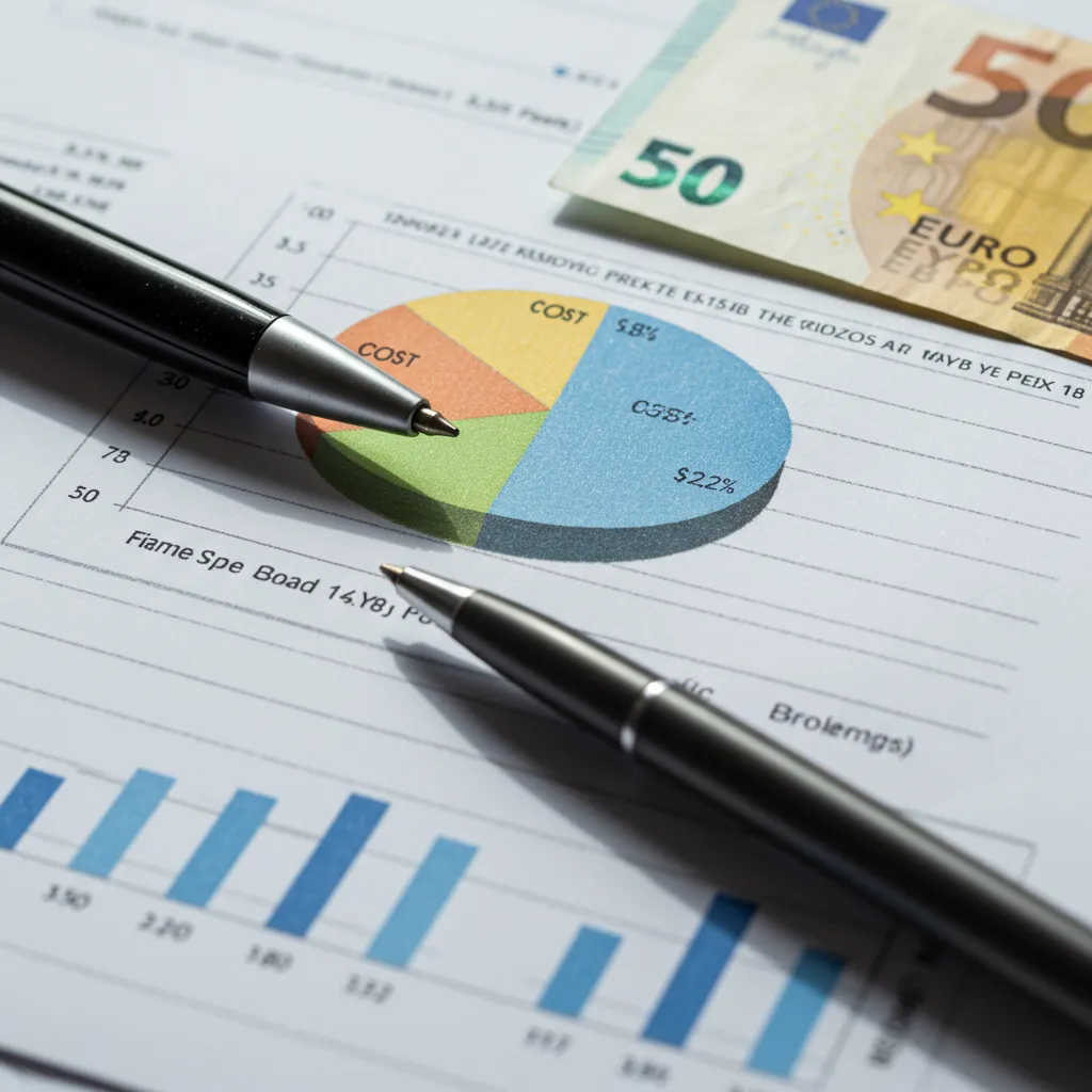 Vue de dessus d'un tableau de décomposition des frais d'assurance-vie avec stylo et billets en euros