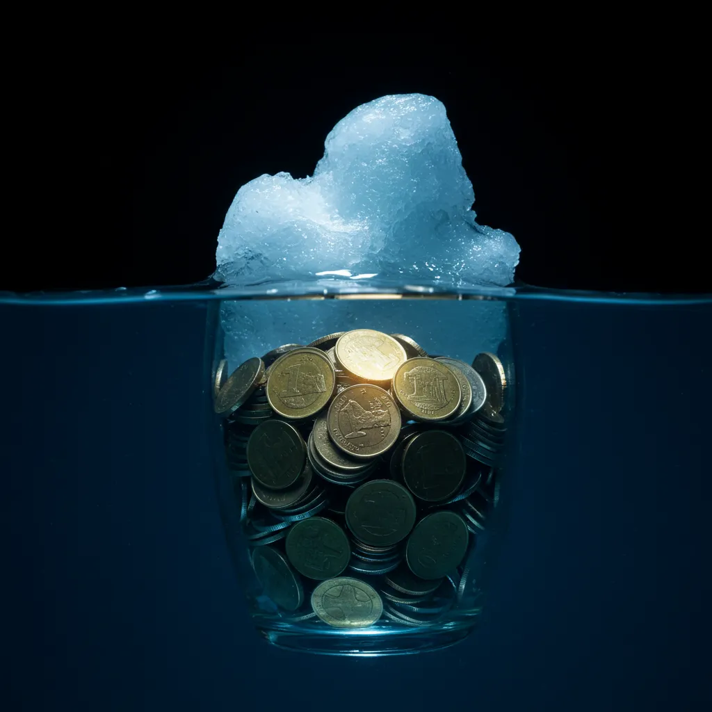 Bocal en verre avec pièces de monnaie partiellement immergées illustrant les frais cachés des contrats