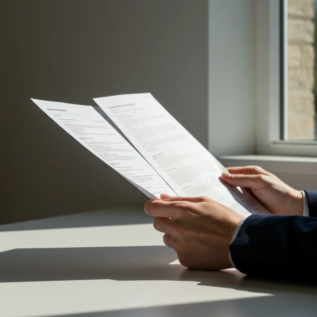 Mains comparant deux contrats d'assurance-vie imprimés sur un bureau blanc sous lumière naturelle