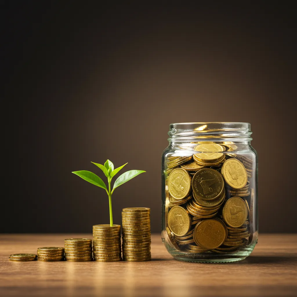 Pièces d'or débordant d'un bocal en verre symbolisant la croissance des intérêts composés sur le long terme