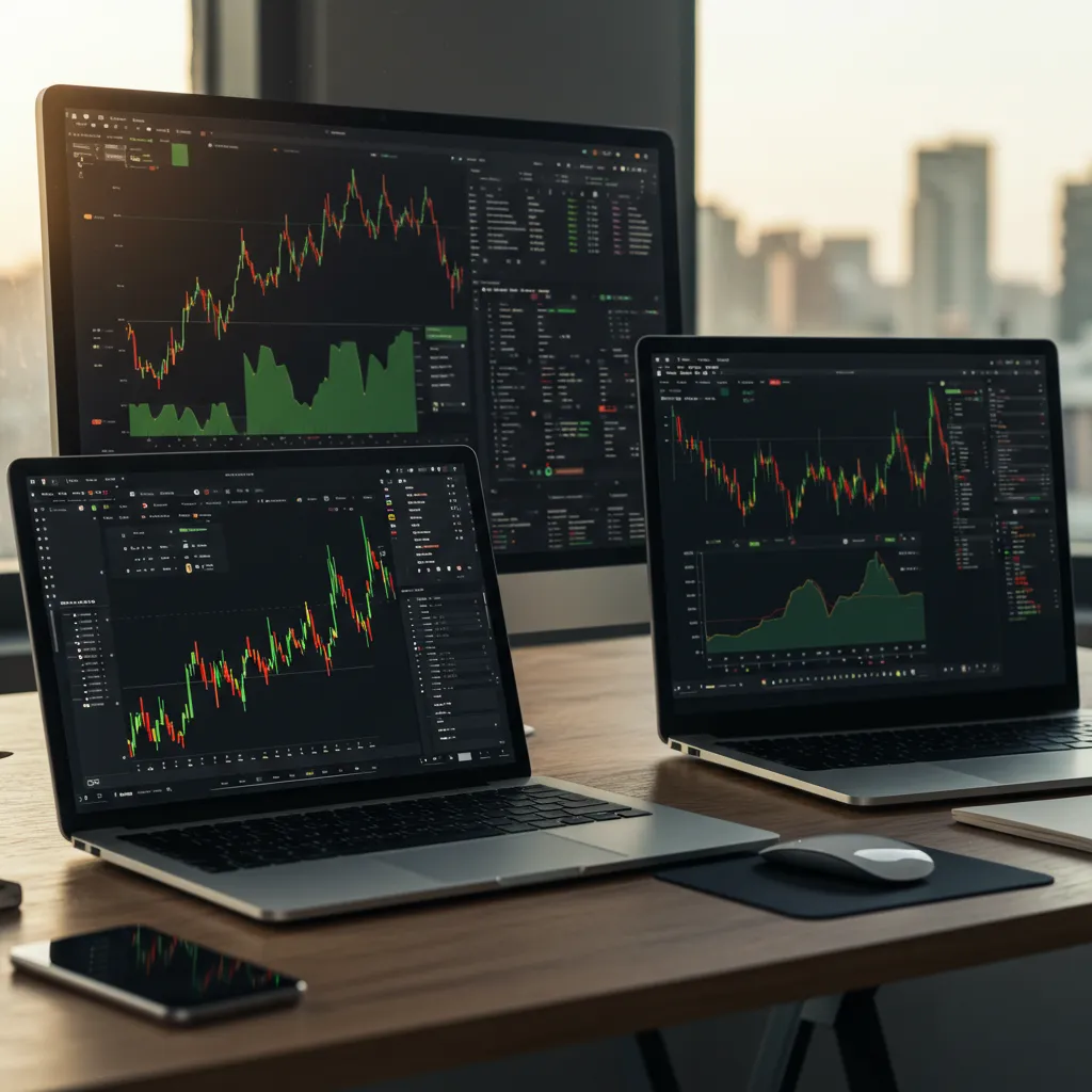 Espace de travail numérique avec plusieurs appareils affichant des plateformes de courtage et d'investissement