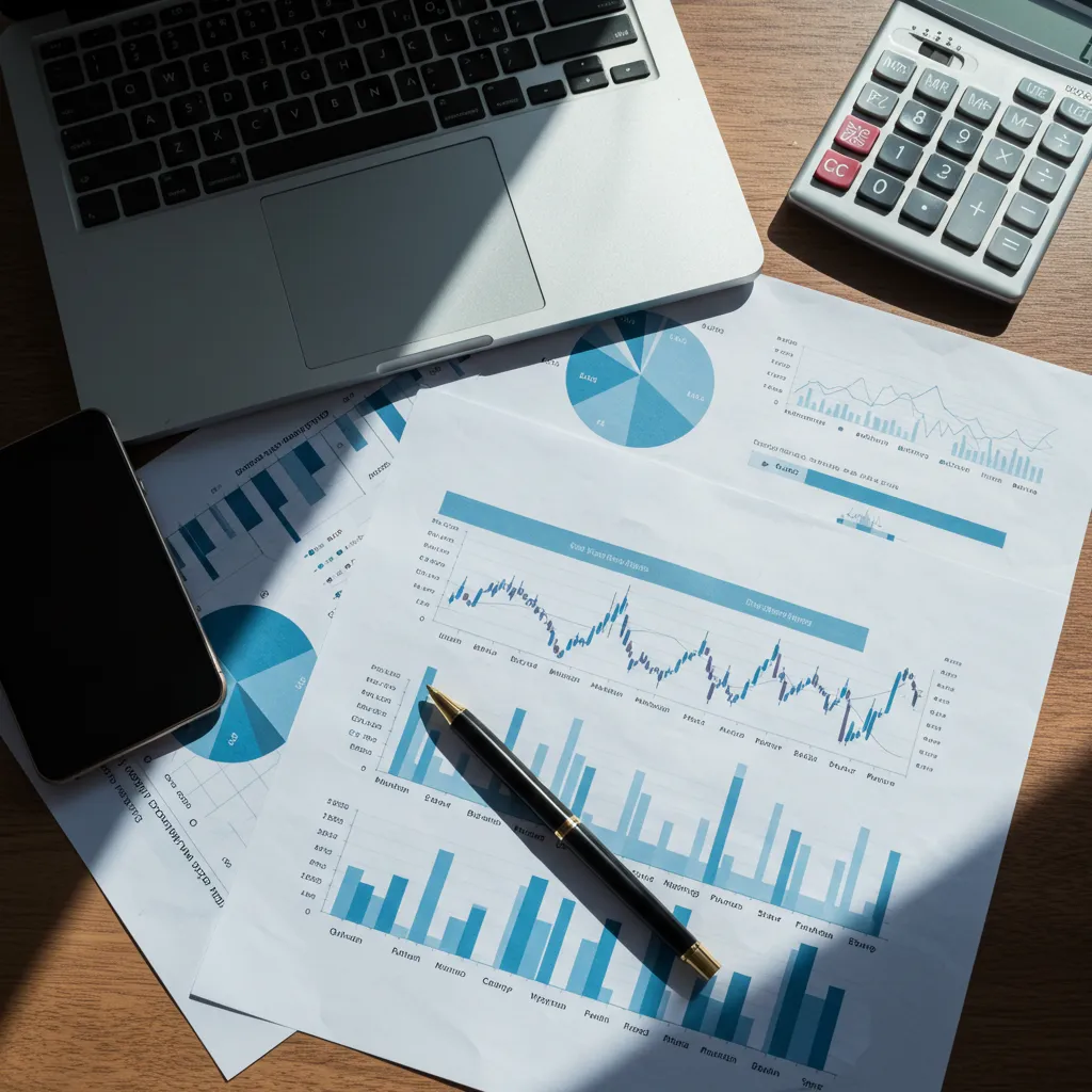 Documents d'analyse financière et graphiques boursiers disposés sur un bureau avec calculatrice, vue de dessus