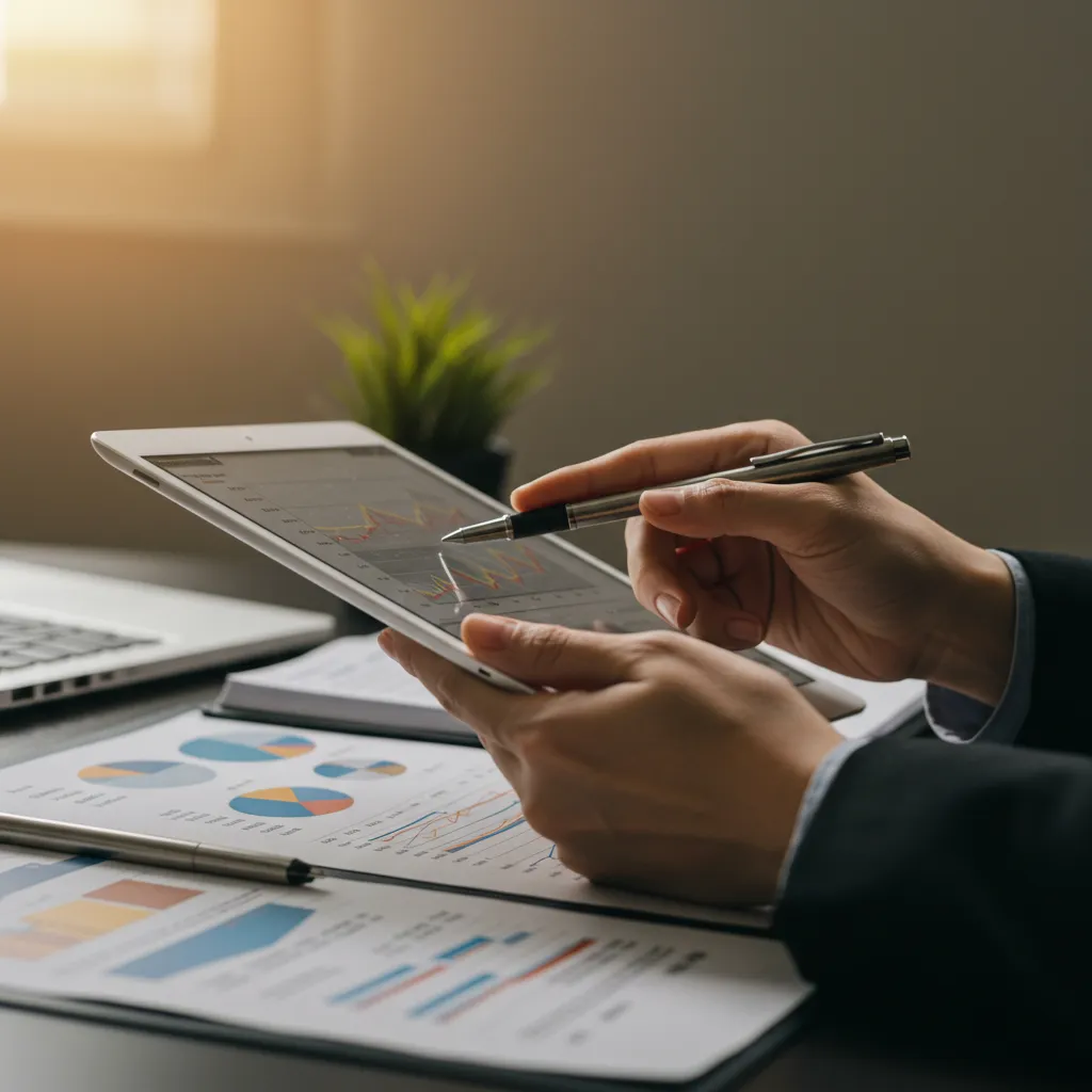 Conseiller financier consultant un portefeuille d'investissement sur tablette numérique