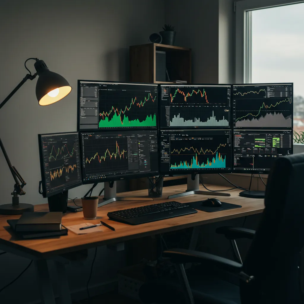 Espace de travail moderne avec plusieurs écrans affichant des données de marché financier et tendances boursières
