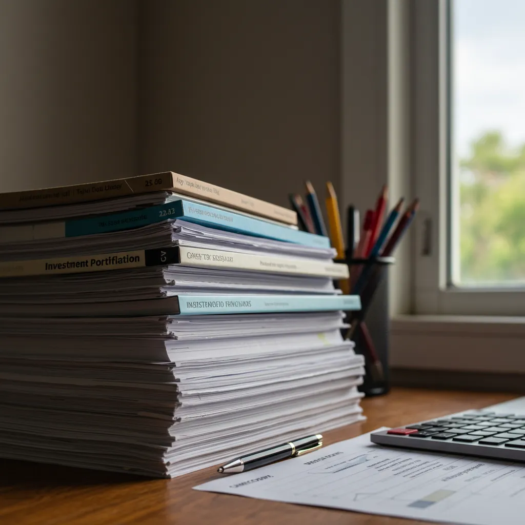 Documents d'investissement organisés montrant différents profils de risque et portefeuilles diversifiés