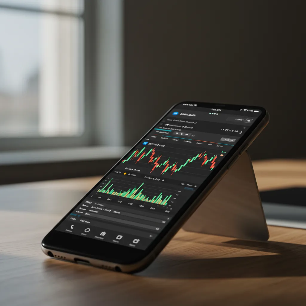 Smartphone affichant une application de trading financier sur un bureau moderne