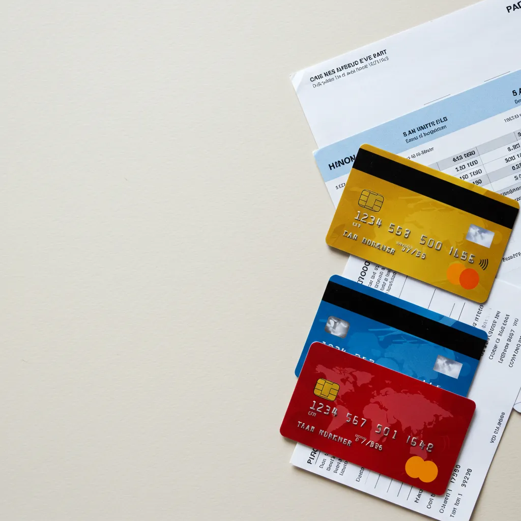 Arrangement comparatif de cartes bancaires et documents financiers côte à côte