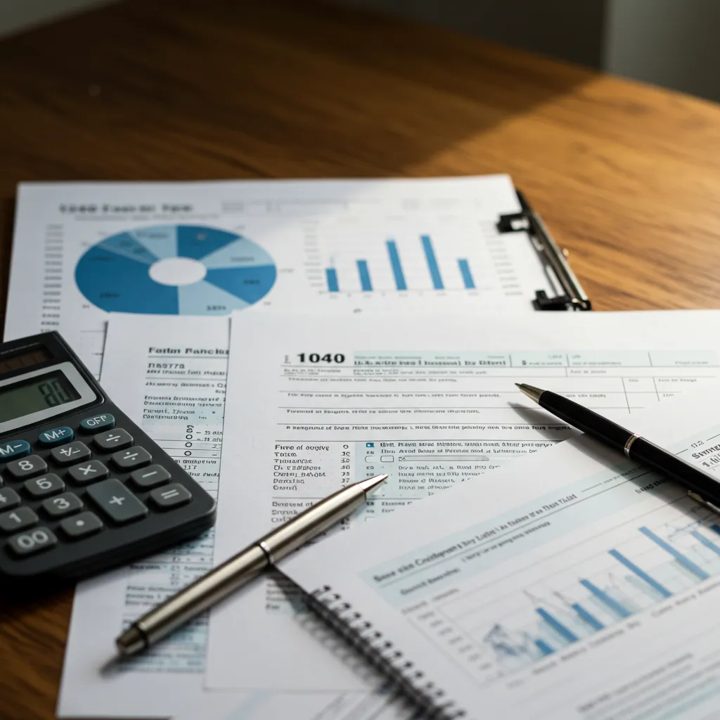 Documents fiscaux et formulaires d'imposition disposés sur un bureau, illustrant le calcul des tranches d'imposition
