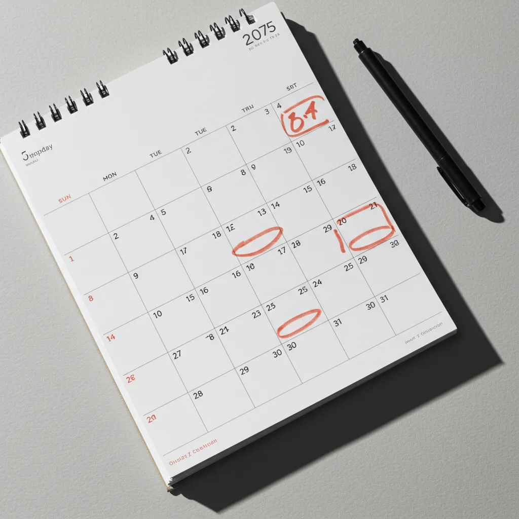 Calendrier ou agenda avec dates marquées symbolisant les échéances déclaratives et de paiement