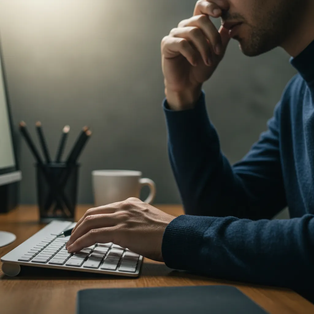 Geste de réflexion et de stress d'un trader face à ses décisions d'investissement