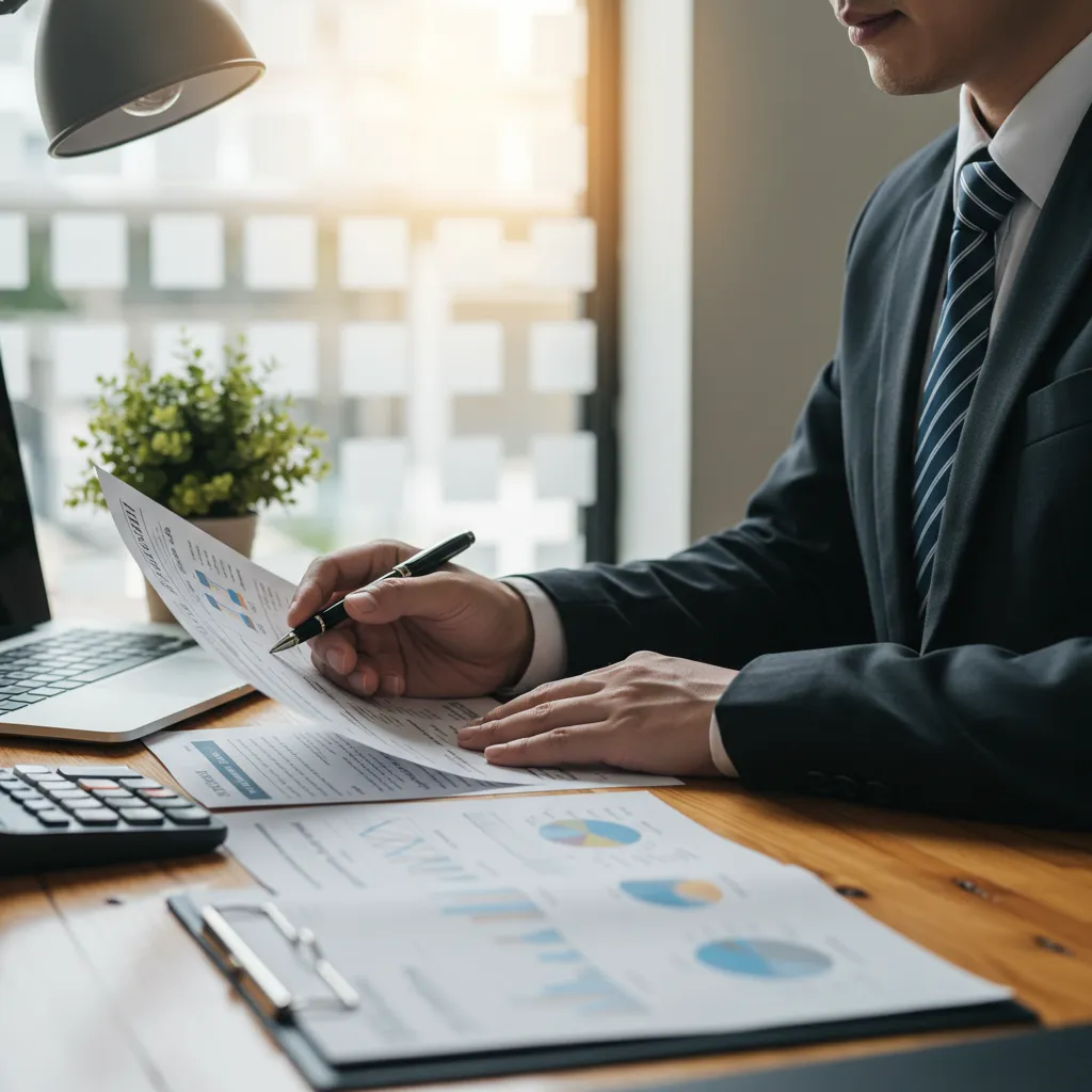 Conseiller financier analysant des documents de portefeuille et stratégie fiscale