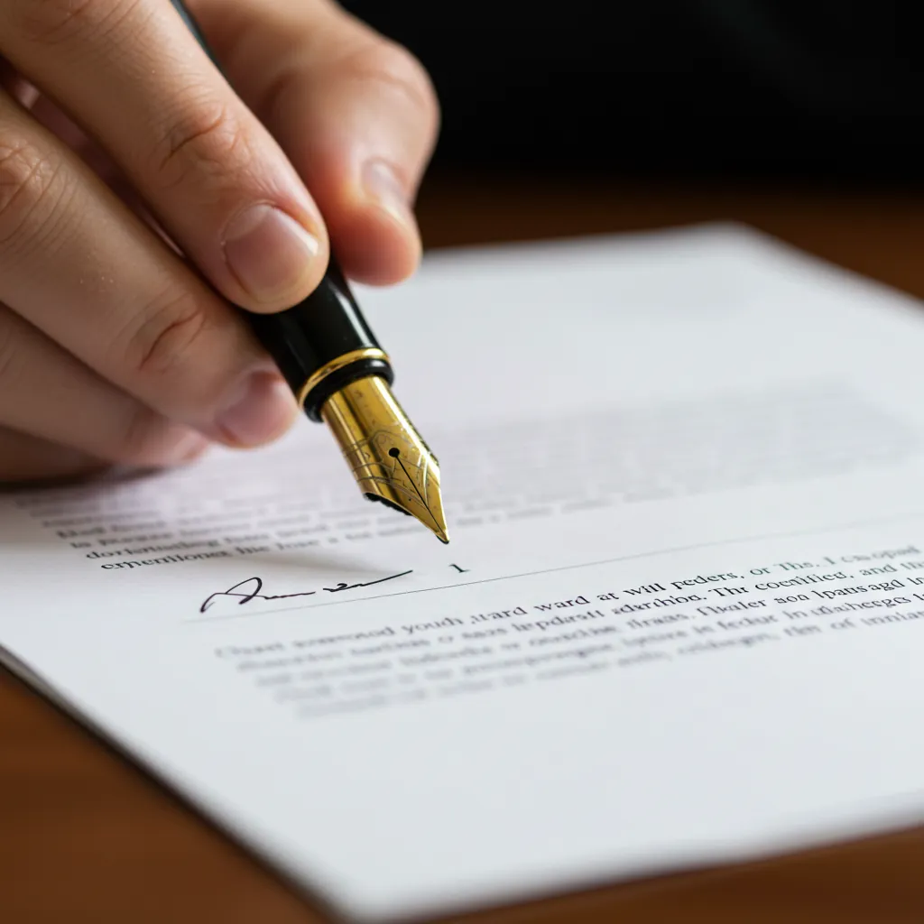 Gros plan sur la signature d'un contrat avec un stylo plume, symbolisant l'engagement du Pacte Dutreil