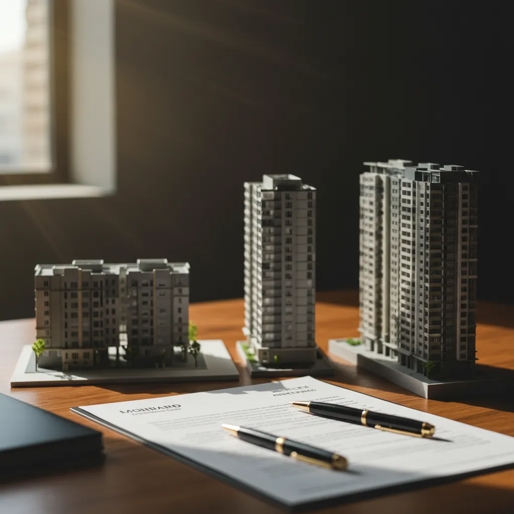 Documents immobiliers et maquettes illustrant la structuration patrimoniale