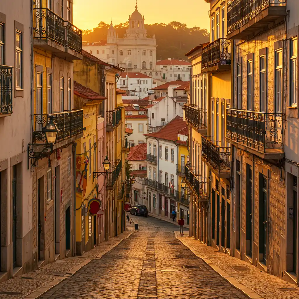 Architecture portugaise traditionnelle avec façades colorées et carrelage typique