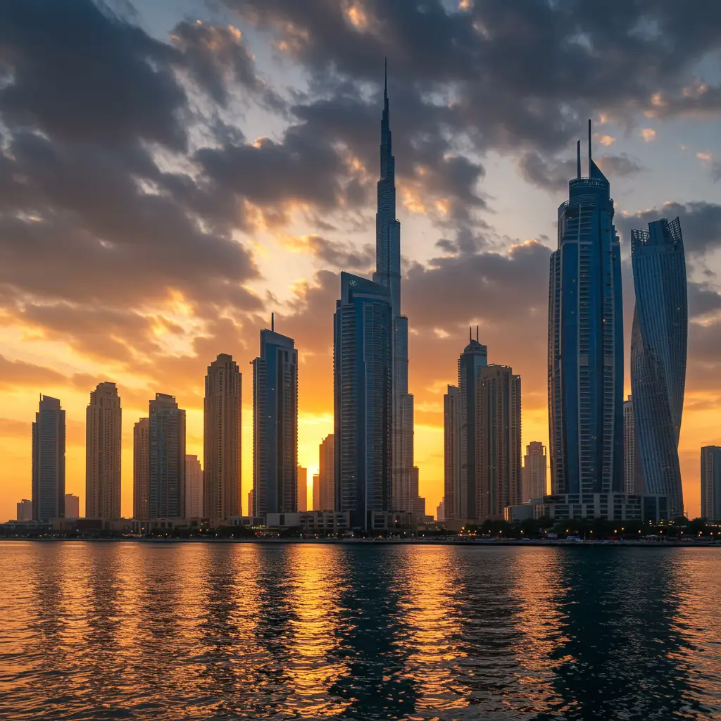 Skyline de Dubaï avec gratte-ciel modernes au coucher de soleil