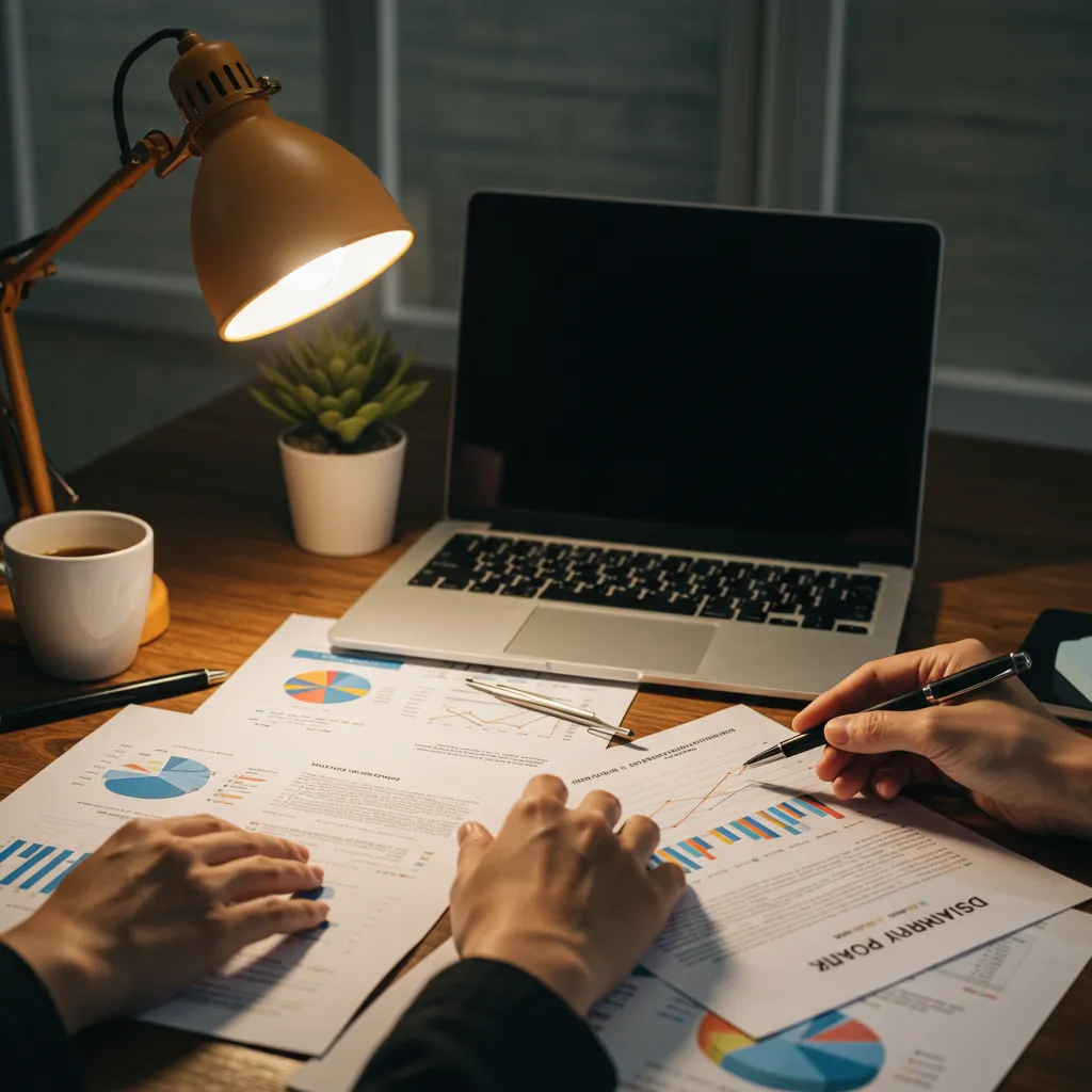 Espace de travail d'un conseiller financier avec documents de comparaison et ordinateur portable