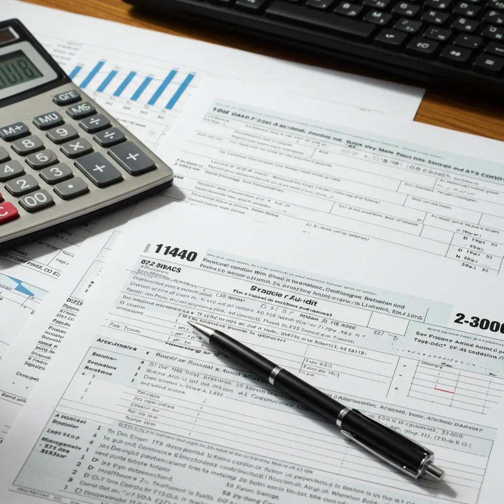 Vue de dessus de documents fiscaux avec calculatrice et stylo sur un bureau