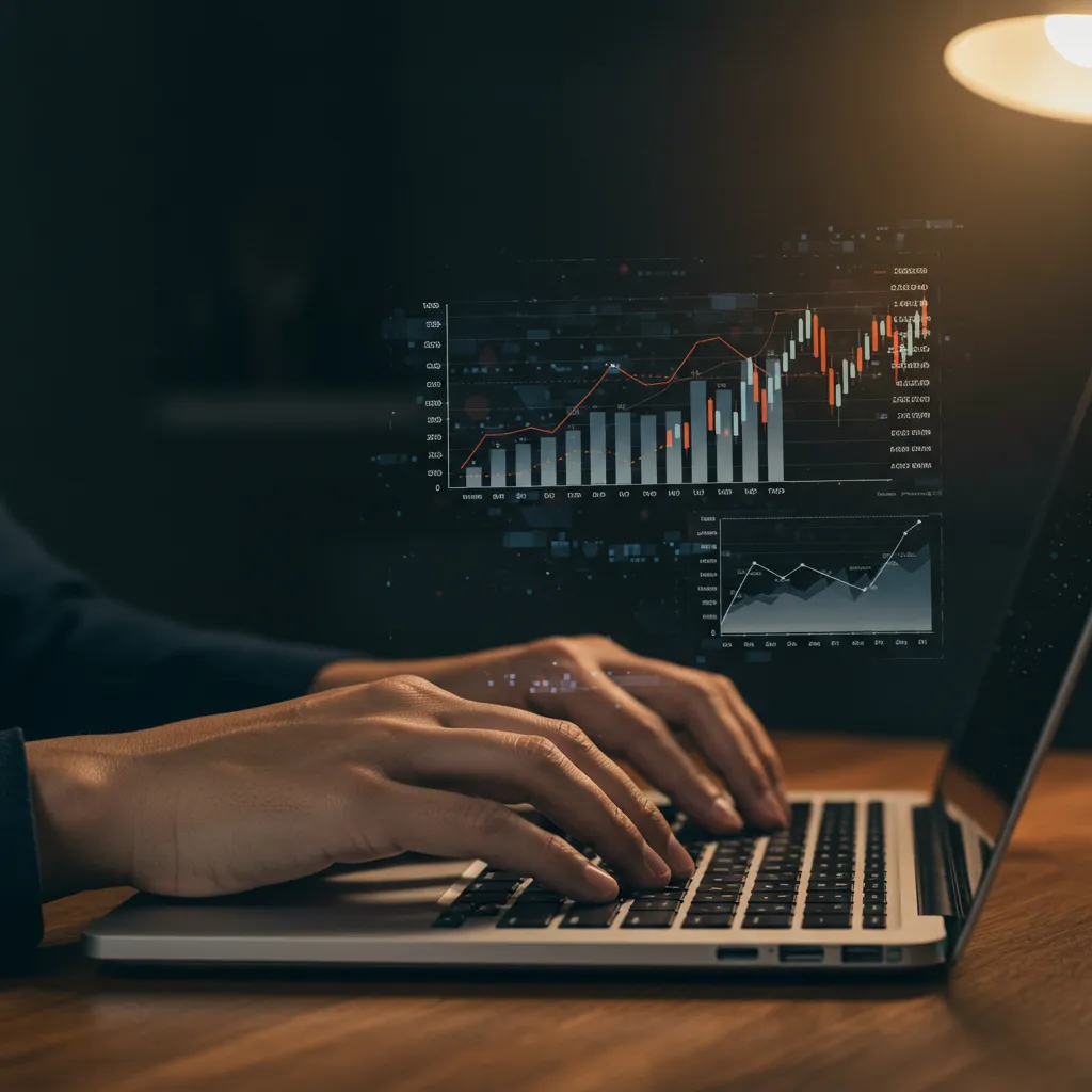 Mains tapant sur un clavier d'ordinateur avec données financières affichées à l'écran