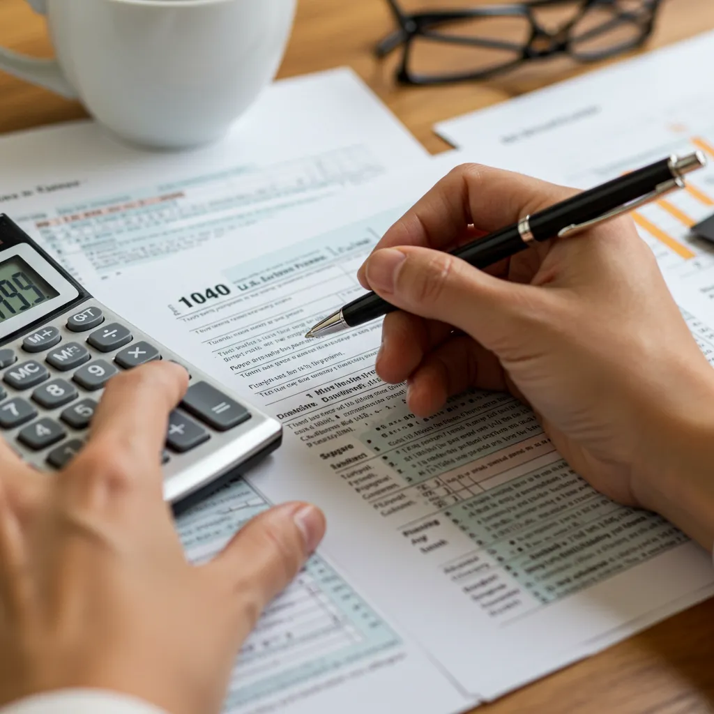 Gros plan sur une main remplissant un formulaire fiscal avec une calculatrice, vue de dessus