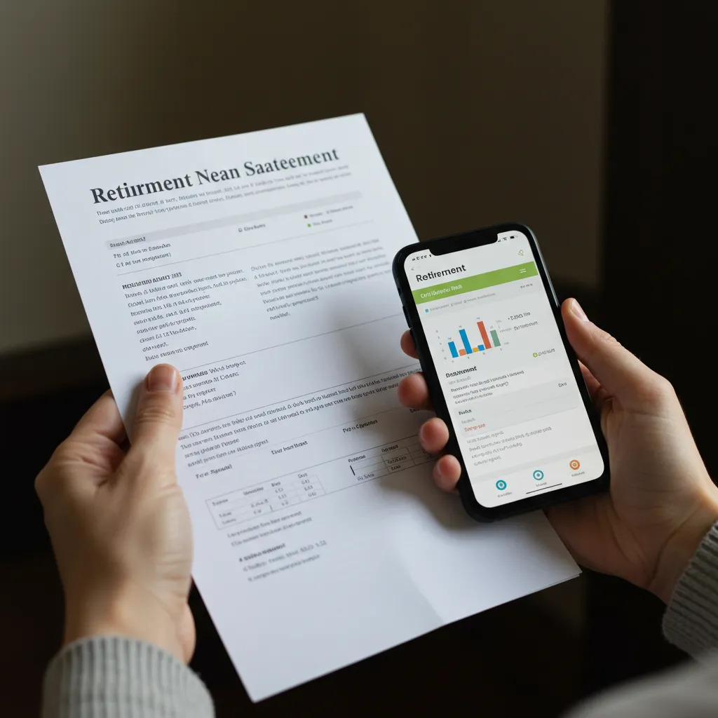 Mains tenant un relevé de retraite papier et un smartphone affichant une application de retraite
