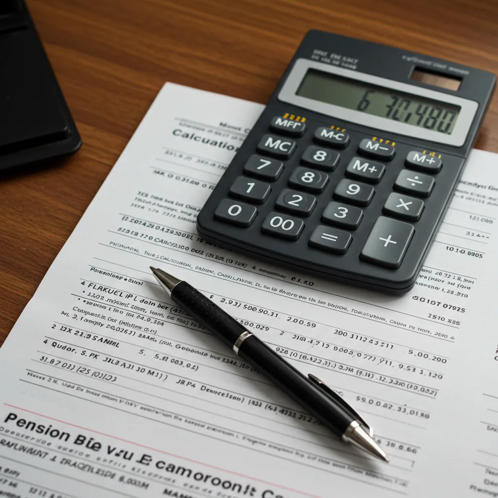 Calculatrice et document de calcul de retraite sur un bureau en bois, vue de dessus