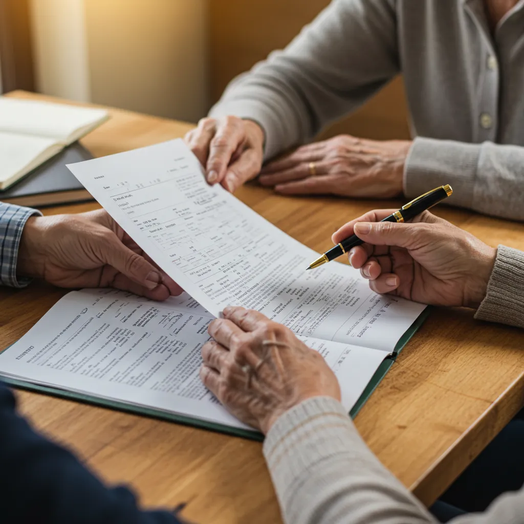 Personne âgée et un proche examinant des documents financiers pour financer un séjour en maison de retraite