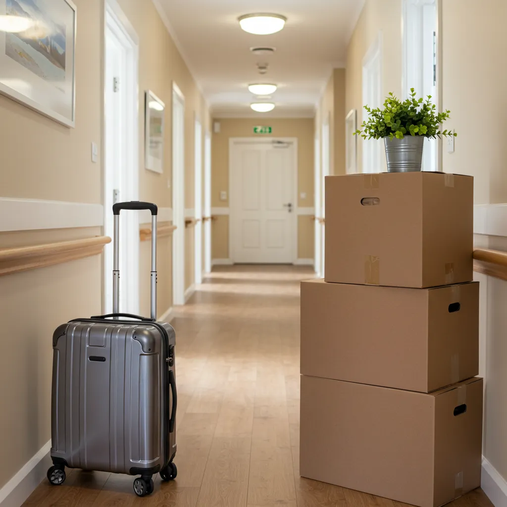 Valise et cartons de déménagement dans le couloir d'un EHPAD, symbolisant l'anticipation du coût