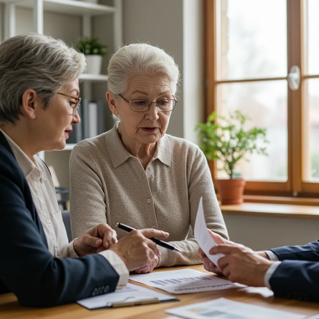 Couple âgé discutant avec un conseiller financier de leur assurance dépendance, documents et graphiques sur la table